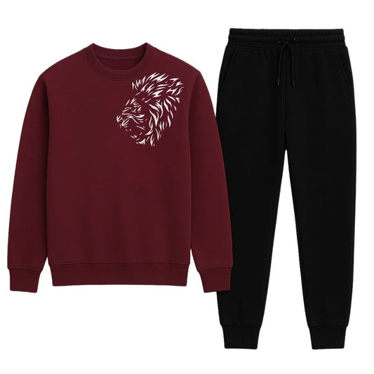 LION Printed Maroon Tracksuit Sweatshirt & Trouser | Warm & Comfortable Winter Wear | XL
