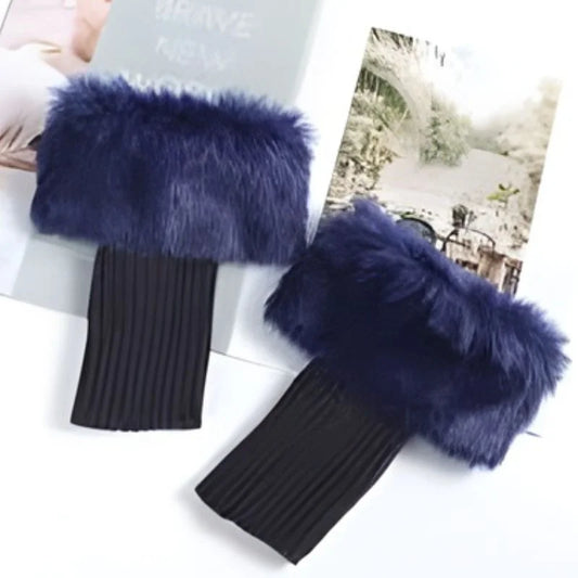 Women’s Faux Fur Fingerless Knitted Gloves | Warm Winter Hand Wrist Warmers | Soft, Stylish & Comfortable | Blue