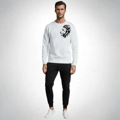 LION Printed White Tracksuit Sweatshirt & Trouser  | Warm & Comfortable Winter Wear | Large