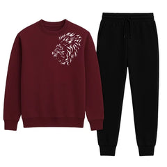 LION Printed Maroon  Tracksuit Sweatshirt & Trouser  | Warm & Comfortable Winter Wear | Medium